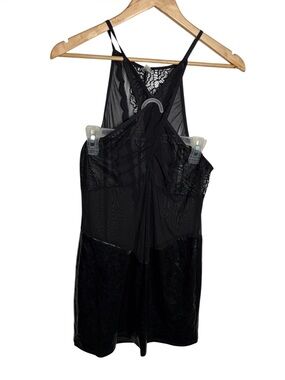 Black sheer mesh crisscrossed front faux leather panel lingerie mini dress 1X-3X
